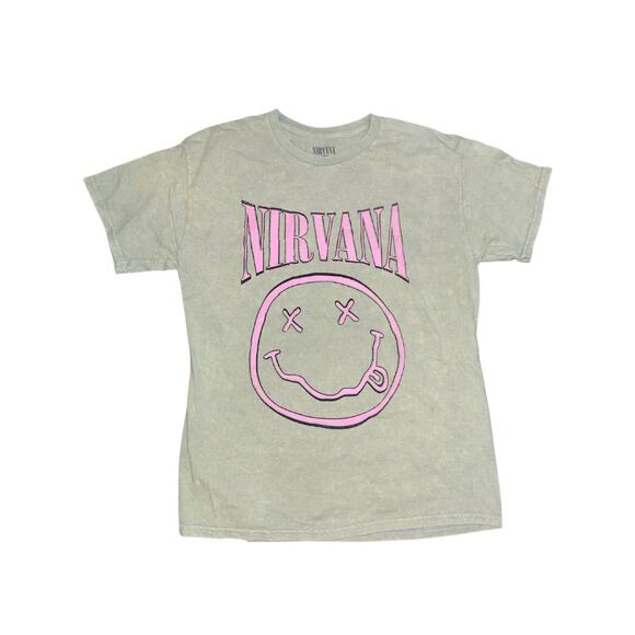 Nirvana Band Tee Smiley Face Grunge Punk Distressed Green Size Large - Picture 1 of 3
